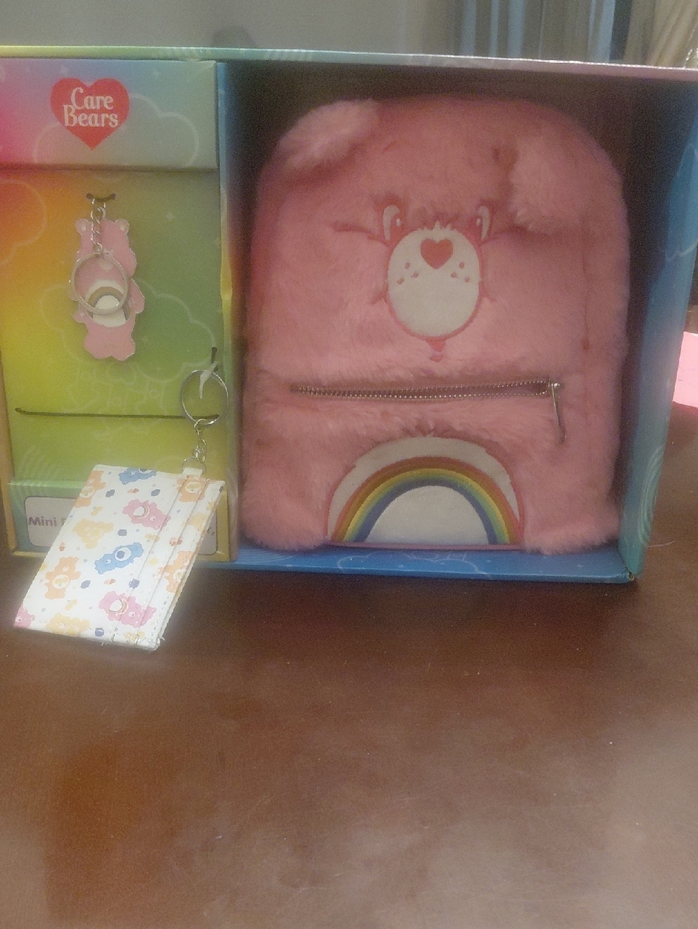 Care Bears Pink Plush Backpack with Rainbow Patch and Keychain
